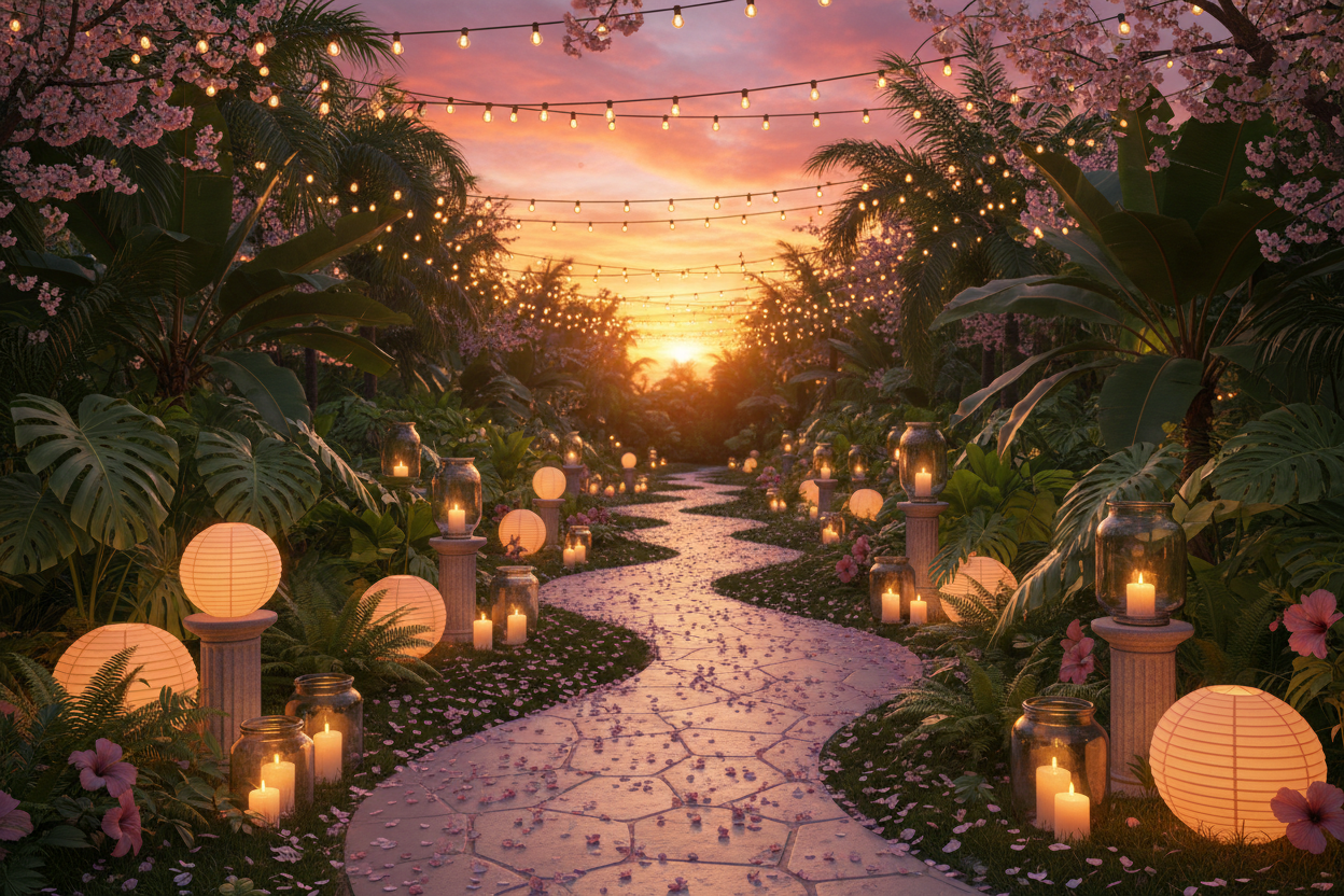 Tropical garden path cherry blossoms lanterns